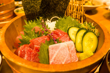Japanese meal at Nachikatsuura in Asia, Japan, Kansai, Nachikatsuura, in summer, on a sunny day.