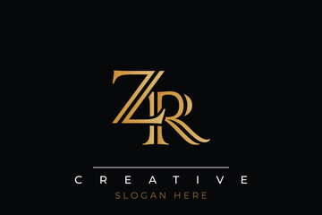 Sophisticated gold ZR monogram logo on a sleek black background, ideal for branding, creative design, and luxurious themes.