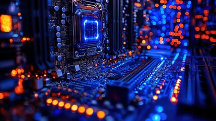 Illuminated CPU on motherboard, server room background, technology concept