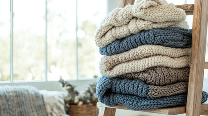 Cozy knitted blankets stacked on a wooden ladder in a warm, inviting room with natural light