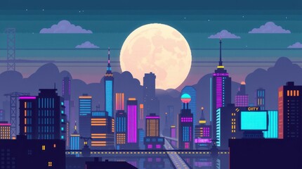 Naklejka premium Pixel art cityscape with illuminated buildings under a large moon, conveying a retro-futuristic vibe.