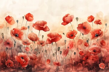Beautiful watercolor painting of vibrant red poppy flowers in a serene setting.