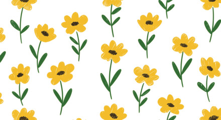 Transparent PNG available
Cute small field flowers seamless pattern. Yellow crayon drawn little tiny wildflowers wallpaper. Cute feminine seamless banner background. Botanical seamless pattern with wi