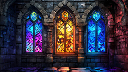 Obraz premium Enchanting symmetrical stone wall with colorful stained glass windows and electric blue accents for events. Electric Stained Glass. Illustration