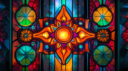Illuminated abstract art featuring vibrant colors and intricate designs. Electric Stained Glass. Illustration