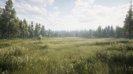Serene meadow landscape with lush green grass, distant trees, and a cloudy blue sky
