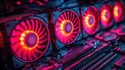 Illuminated GPU mining rig fans, close-up
