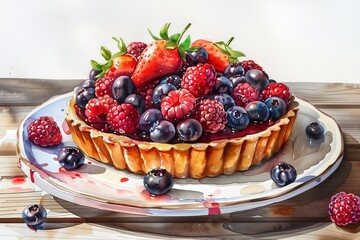 Delicious fruit tart topped with fresh strawberries, blueberries, and raspberries.