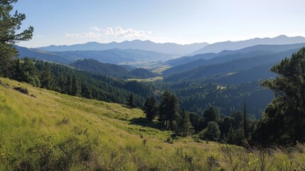 Serene mountain landscape showcasing lush greenery, rolling hills, and distant peaks under a blue sky