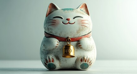 A traditional Japanese figurine, the Maneki-neko, is depicted in a cute 3D illustration, showcasing a white lucky cat with a smiling face, holding a golden bell and wearing a red collar, symbolizing