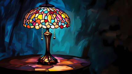 Stained glass lamp on the table in the night. Electric Stained Glass. Illustration
