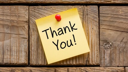 Thank you note pinned to rustic wooden planks background