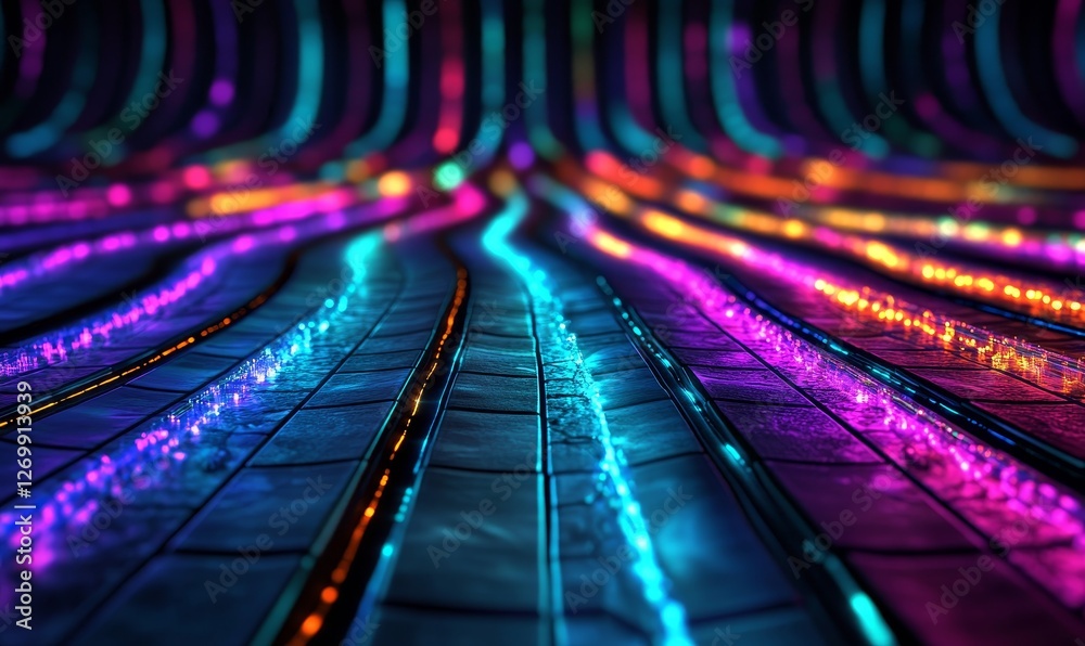 Poster digital landscape characterized by a complex network of interconnected lines and luminous nodes