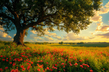 A field of red flowers with a tree in the background