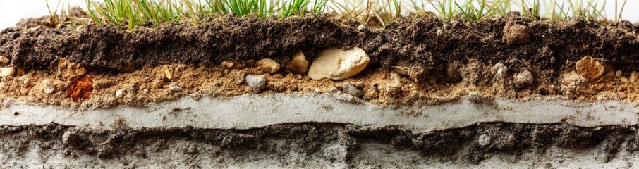 Soil layers are showcased in a cross section, highlighting grass roots and diverse soil types to demonstrate ecological diversity and earth's structure