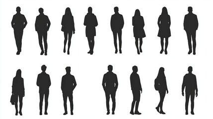 A vector illustration of black silhouettes depicting crowds of people—groups standing and walking, showcasing various passerby shapes in a black color scheme isolated on a white background.