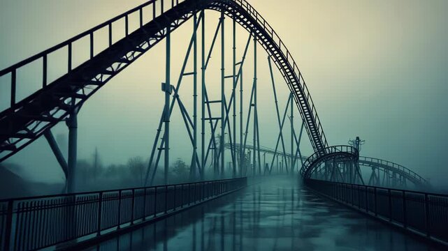 A misty roller coaster looms over a deserted path, evoking a sense of eerie adventure.