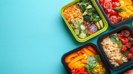 An assortment of vibrant lunch boxes filled with fresh vegetables, grains, and herbs creates a lively display on a bright blue table, highlighting healthy meal options for the day