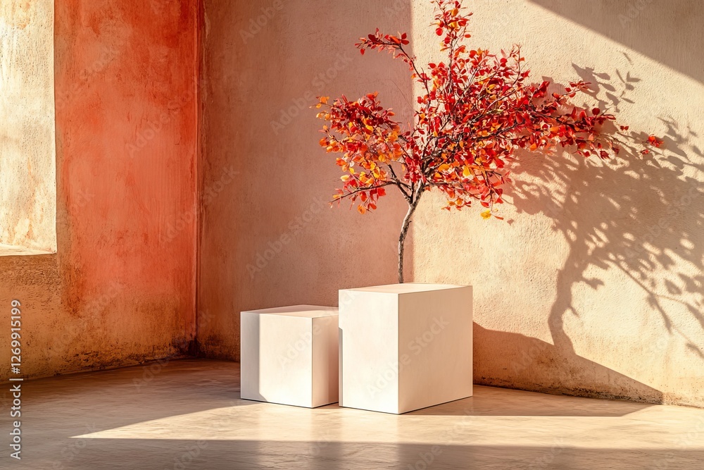 Poster a serene and abstract natural backdrop consisting of an empty stage with three white rectangular ped