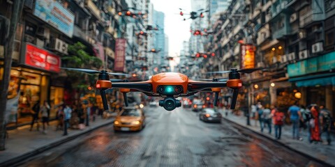 Obraz premium Skyborne Delivery: Drones Navigating Futuristic Downtown Skyscrapers 