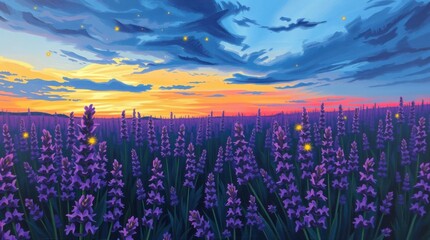 Naklejka premium Serene lavender field at twilight, with a breathtaking sunset sky, creating a peaceful and enchanting scene.