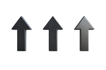 Three black upward arrows arranged in a row on a light background showcasing direction and progress isolated on transparent background
