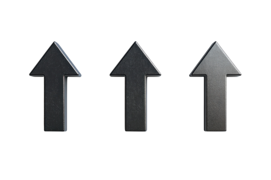 Three black upward arrows arranged in a row on a light background showcasing direction and progress isolated on transparent background