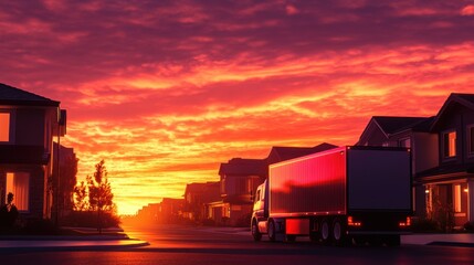 Fototapeta premium A semi-truck with a trailer is parked on a suburban street at sunset, with a fiery orange and red sky in the background