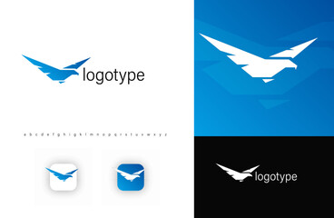 Eagle silhouette logo with sharp, geometric wings symbolizing strength, speed, freedom, leadership. Ideal for aviation, security, technology, consulting, corporate branding. Vector logo template