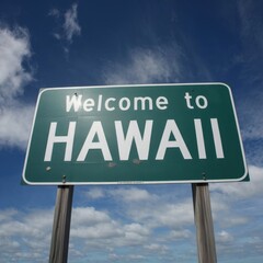 Green Road Sign Welcome in Hawaii – USA