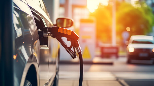 Close up of a fuel pump refueling a car at a gas station. The image captures the refueling process in detail.