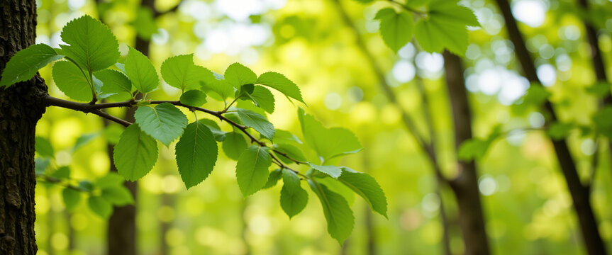 Fresh green leaves glistening in sunlight create a vibrant and refreshing atmosphere, symbolizing growth and renewal in a lush forest setting
