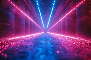 Obraz premium Vibrant neon laser beams in blue and purple colors on a dark background, a futuristic digital art vector illustration. Neon glow effect for an energetic concept banner or party