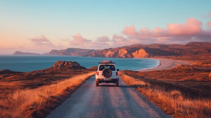 SUV parked near a scenic coastal road with an ocean view, ready for a road trip. sea travel on the car. copy space