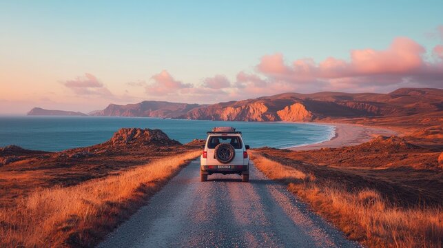 SUV parked near a scenic coastal road with an ocean view, ready for a road trip. sea travel on the car. copy space - Powered by Adobe