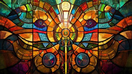 Abstract colorful stained glass window design with intricate wiring. Electric Stained Glass. Illustration