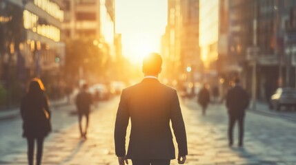 Fototapeta na wymiar Businessman walking city street sunset view