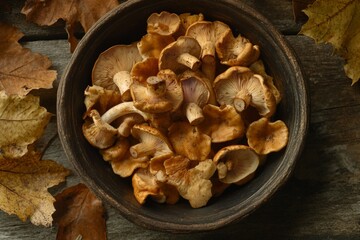 Fototapeta premium Golden Chanterelle Mushrooms in Rustic Bowl Autumn Harvest Abundance