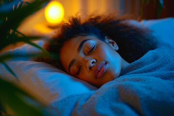 A woman sleeping in bed with her eyes closed and her head resting on a pillow