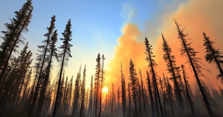 During the wildfire, a fallen tree is completely burnt and produces a lot of smoke