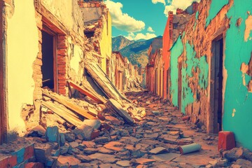 The scene captures a damaged concrete industrial building with a towering grey sky above