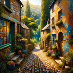 Fototapeta premium A quaint village scene features charming stone houses adorned with vibrant flowers, leading down a cobblestone path. Sunlight filters through lush greenery, creating a serene atmosphere (Gen, A.I.)
