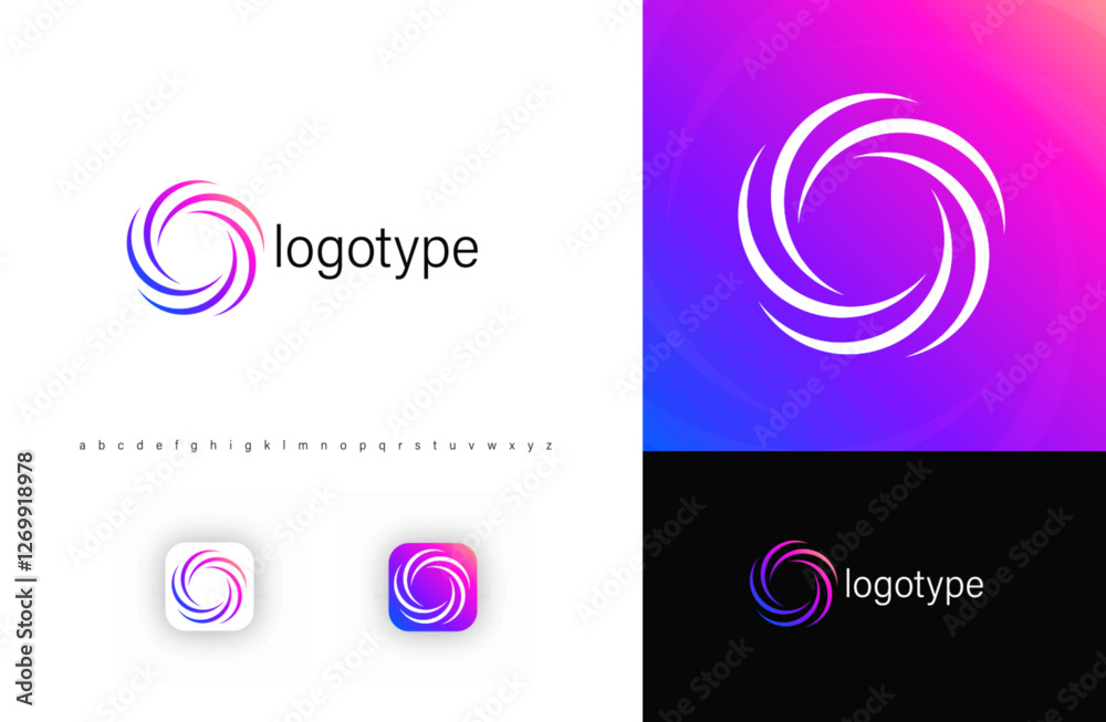 Poster abstract swirl logo with dynamic, rotating curves symbolizing motion, energy, digital innovation. id