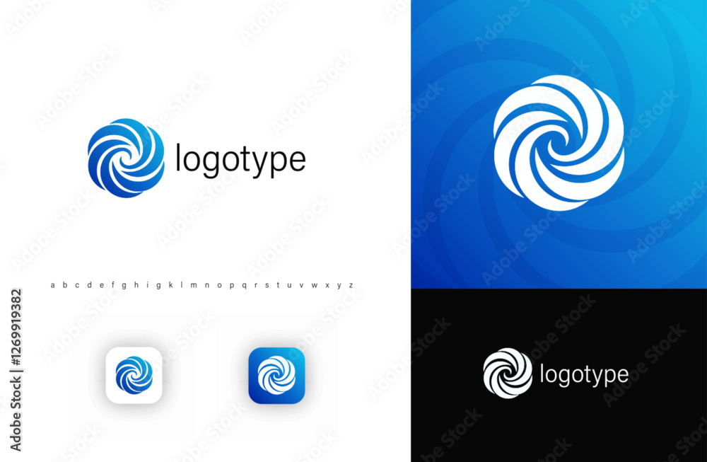 Poster round swirl logo with dynamic, flowing curves symbolizing motion, technology, and innovation. ideal 