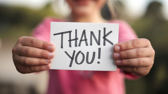 Child holds thank you card with sincere gratitude message