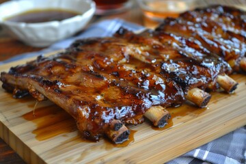Glazed ribs with sesame and scallions on white plate. Neural network AI generated