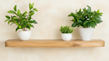 Wooden Shelf Displaying Three Potted Plants
