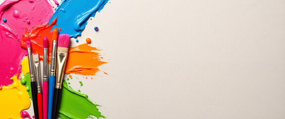 Colorful paint splatters with paintbrushes on a blank canvas conveying creativity and artistic expression, representing empowerment and inspiration for International Women's Day