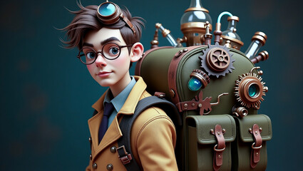 A Victorian-era scientist with goggles, a lab coat, and a backpack filled with rotating gears and bubbling glass tubes