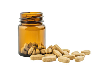 A close-up view of an amber bottle with scattered vitamins on a light background isolated on transparent background